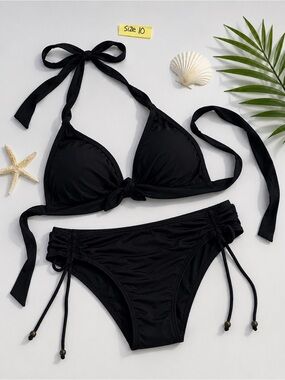 Black Tie-Halter Women's Bikini Set